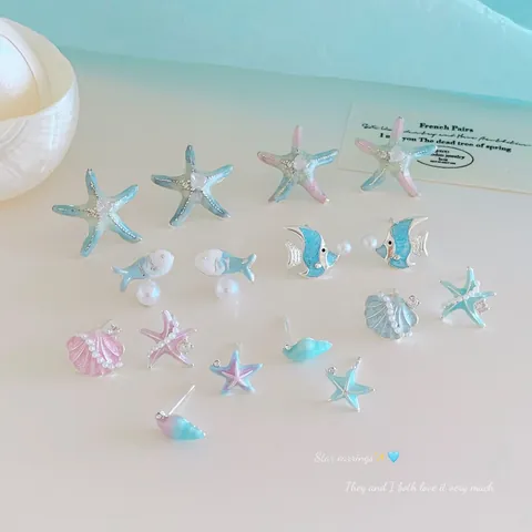 Orecchini a Bottone a Tema Oceanico Stella Marina Conchiglia Con Perno in Argento Sterling 925 Smalto Perla Artificial Gioielli Vacanza
