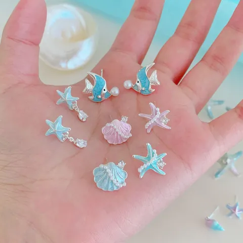 Orecchini a Bottone a Tema Oceanico Stella Marina Conchiglia Con Perno in Argento Sterling 925 Smalto Perla Artificial Gioielli Vacanza