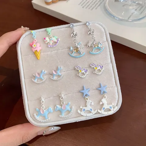 Cartoon Alloy Merry Go Round Earrings With 925 Sterling Silver Earring Post Cute Unicorn Rainbow Star Stud Earrings Jewelry