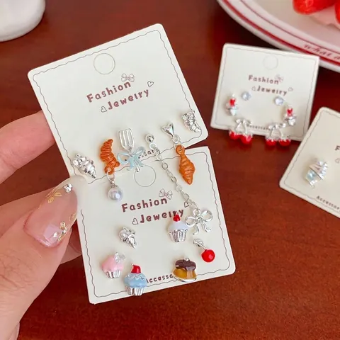 Cute Alloy Enamel Dessert Stud Earrings With 925 Sterling Silver Earring Post Colorful Zircon Cake Ice Cream Cherry Bow Earrings Collection For Women