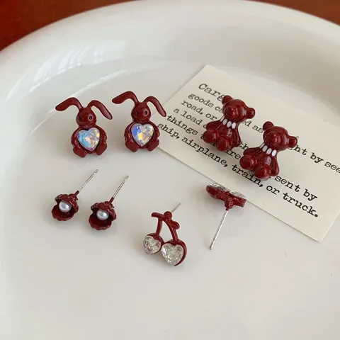 Rode Email Maandag Tot Zondag Oorknopjes Collectie Met 925 Sterling Zilver Stift Hart Konijn Strik Beer Sieraden Voor Dames