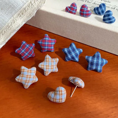 Retro Fabric Plaid Heart Star Stud Earrings With 925 Sterling Silver Earring Post Handmade Fresh Style Women Jewelry