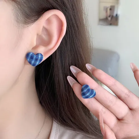 Retro Fabric Plaid Heart Star Stud Earrings With 925 Sterling Silver Earring Post Handmade Fresh Style Women Jewelry