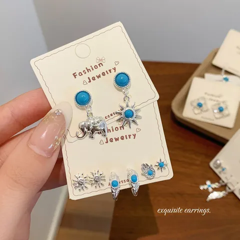 Bohemian Silver Plated Alloy Earring Set With 925 Sterling Silver Post Blue Sun Elephant Hamsa Hand Ethnic Jewelry