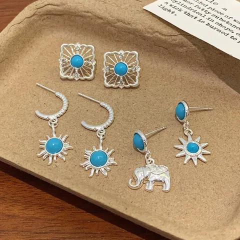 Bohemian Silver Plated Alloy Earring Set With 925 Sterling Silver Post Blue Sun Elephant Hamsa Hand Ethnic Jewelry