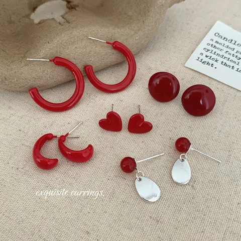 Vintage Hong Kong Style Red Enamel Earrings With 925 Sterling Silver Earring Post Geometric Heart Cherry Hoop Earrings Women Jewelry