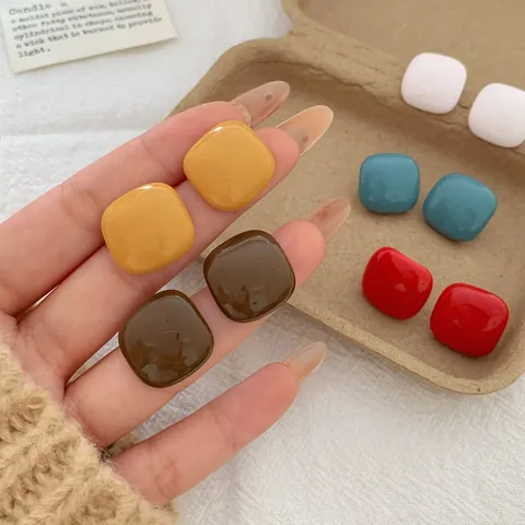 Pendientes de Botón Cuadrados Geométricos de Colores de Caramelo Minimalistas Con Poste de Plata de Ley 925 Joyería Mujer