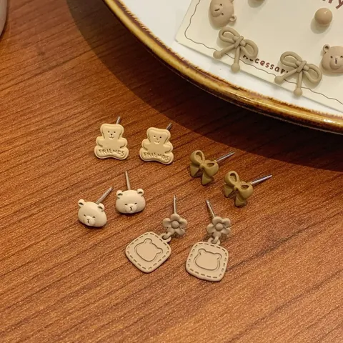 Cute Cartoon Animal Stud Earrings Set 925 Sterling Silver Earring Post Alloy Brown Bear Cat Flower Heart Bow Jewelry For Women Teens Gift