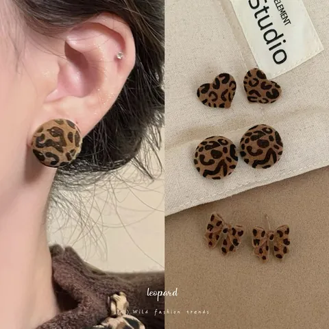 Leopard Print Flocked Stud Earrings With 925 Sterling Silver Earring Post Heart Bow Round Cashew Shape Vintage Jewelry Women