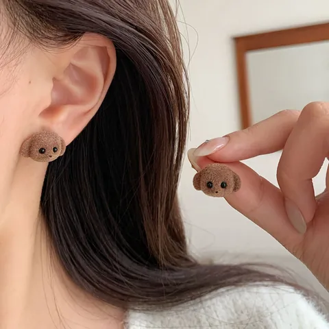 Cute Fuzzy Flocking Bear Dog Stud Earrings With 925 Sterling Silver Earring Post For Women Girls Cartoon Animal Jewelry