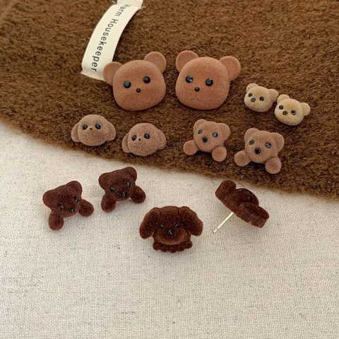 Cute Fuzzy Flocking Bear Dog Stud Earrings With 925 Sterling Silver Earring Post For Women Girls Cartoon Animal Jewelry