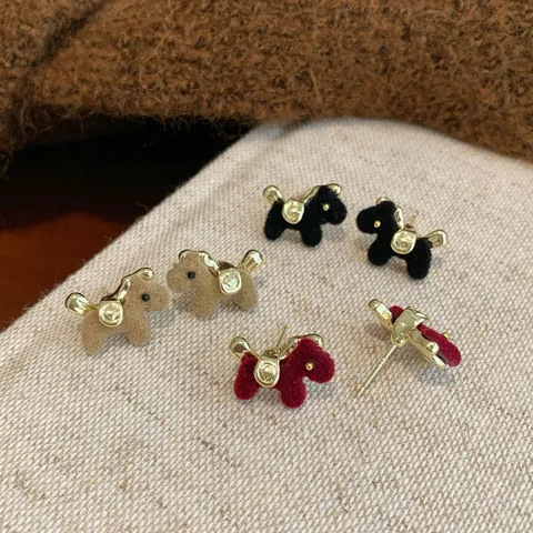 Cute Flocked Pony Dog Stud Earrings With 925 Sterling Silver Earring Post Fluffy Animal Red Black Brown Autumn Winter Earrings For Women New Year Jewelry