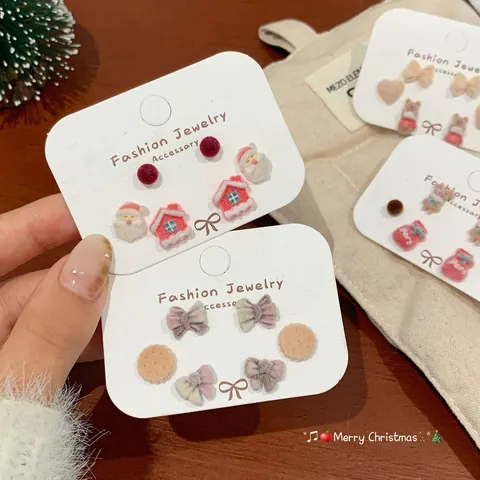 Weihnachten Beflockte Weihnachtsmann Rentier Bogen Ohrstecker Set Mit 925 Sterlingsilber Ohrstecker-Stift Süß Festlicher Damen Schmuck Geschenk