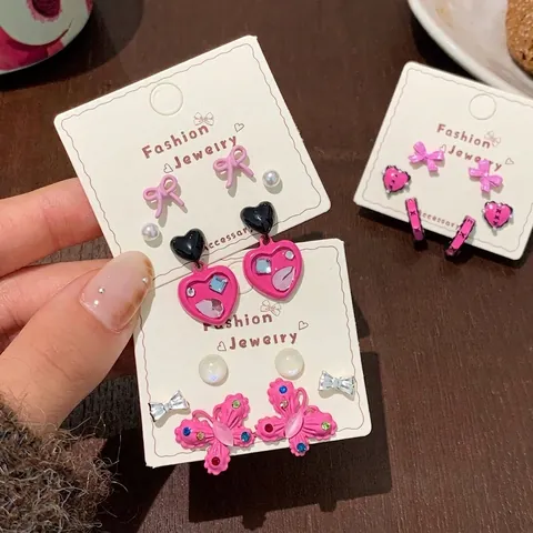 Pink Black Butterfly Heart Stud Earrings Set With 925 Sterling Silver Earring Post Alloy Rhinestone Jewelry For Women