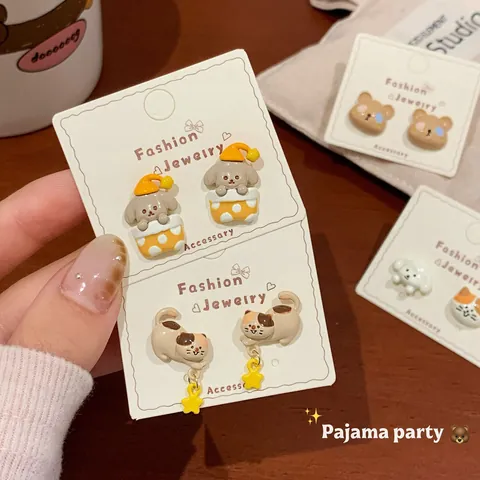 Cartoon Animal Stud Earrings With 925 Sterling Silver Earring Post Alloy Enamel Dog Cat Bear Earrings Small Fresh Jewelry
