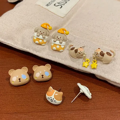 Cartoon Animal Stud Earrings With 925 Sterling Silver Earring Post Alloy Enamel Dog Cat Bear Earrings Small Fresh Jewelry
