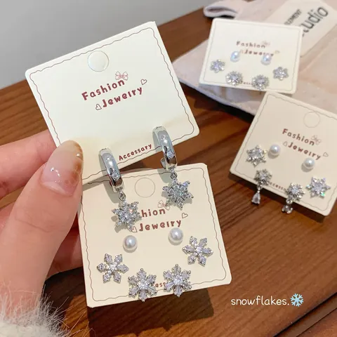 Snowflake Cubic Zirconia Earring Set With 925 Sterling Silver Earring Post Pearl Copper Stud Hoop Earrings Christmas Jewelry For Women