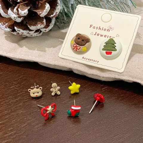Christmas Stud Earrings Set Cartoon Snowman Tree Bear Gingerbread Man Alloy Jewelry With 925 Sterling Silver Earring Post Festive Gift