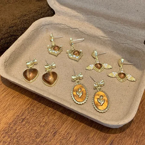 Vintage French Amber Tiger Eye Stud Earrings With 925 Sterling Silver Earring Post Gold Heart Bow Star Drop Earrings For Women Jewelry