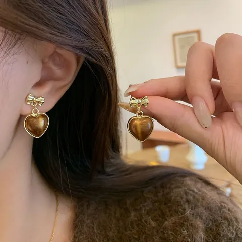 Vintage French Amber Tiger Eye Stud Earrings With 925 Sterling Silver Earring Post Gold Heart Bow Star Drop Earrings For Women Jewelry