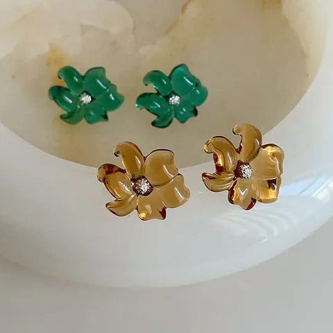 Vintage Pendientes de Botón Flor de Resina Transparente Irregular Con Poste de Plata Esmeralda Ámbar Estrás Mujer