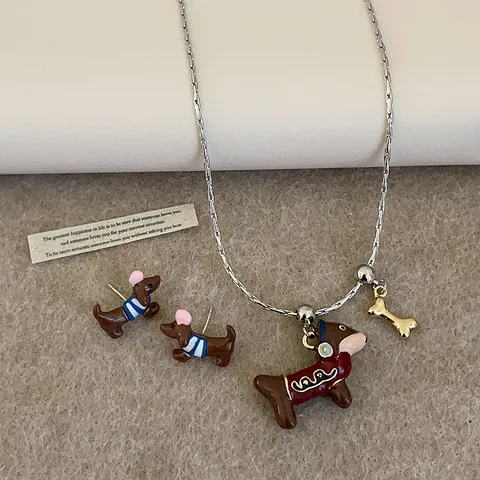 Parure de Bijoux en Émail Teckel Dessin Animé pour Femmes Collier Pendentif Os de Chien Boucles d'Oreilles Élégant Accessoires Animaux Cadeau