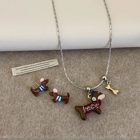 Parure de Bijoux en Émail Teckel Dessin Animé pour Femmes Collier Pendentif Os de Chien Boucles d'Oreilles Élégant Accessoires Animaux Cadeau