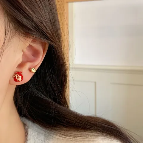 Alloy Enamel Maneki Neko Stud Earrings With 925 Sterling Silver Earring Post Festive Fortune Bag Persimmon Jewelry For Women