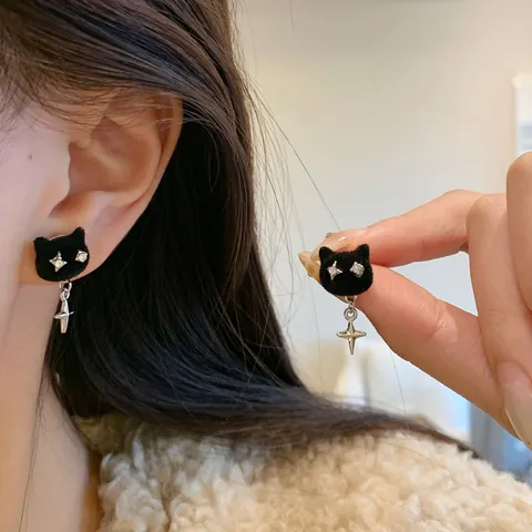 Cute Flocking Black Cat Stud Earrings With 925 Sterling Silver Earring Post Asymmetric Star Fish Earrings For Women Students