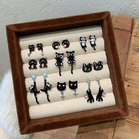 Cute Flocking Black Cat Stud Earrings With 925 Sterling Silver Earring Post Asymmetric Star Fish Earrings For Women Students