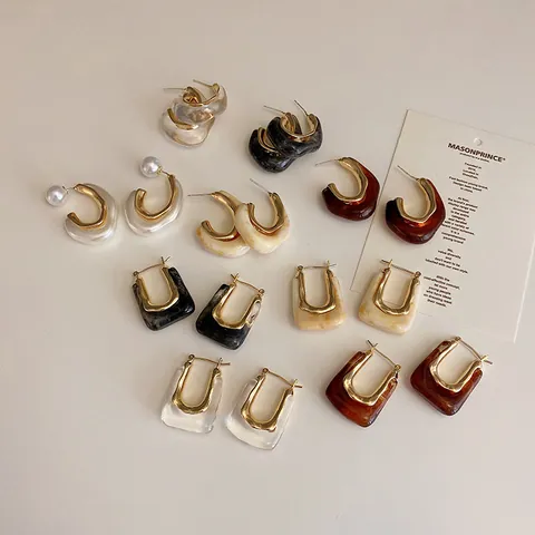 French Retro Geometric Resin Metal Stud Earrings With 925 Sterling Silver Earring Post Elegant Minimalist Jewelry For Women