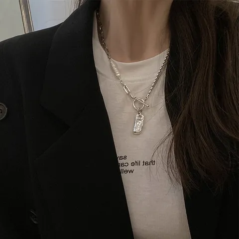 French Vintage Gold Plated Alloy Irregular Metal Pendant Necklace With Baroque Freshwater Pearl OT Buckle Mixed Link Chain For Women