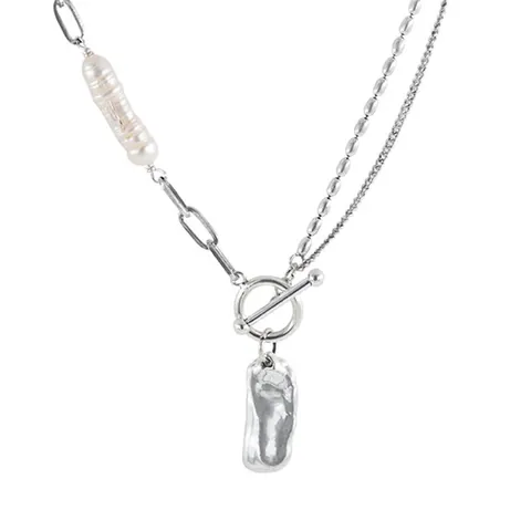 French Vintage Gold Plated Alloy Irregular Metal Pendant Necklace With Baroque Freshwater Pearl OT Buckle Mixed Link Chain For Women
