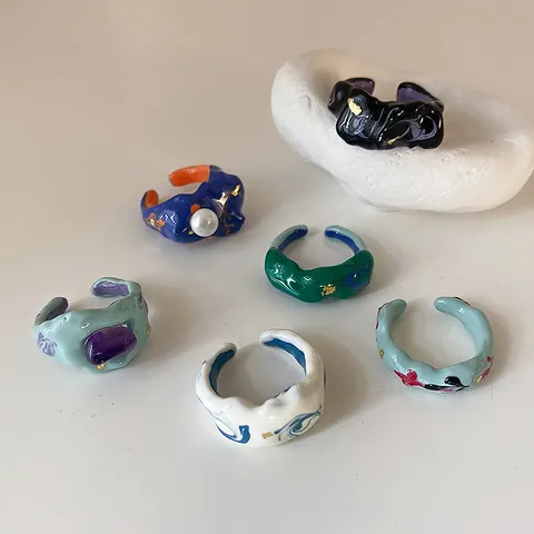French Vintage Enamel Colorful Irregular Open Ring For Women Niche Artistic Minimalist Adjustable Fashion Metal Glaze Ring