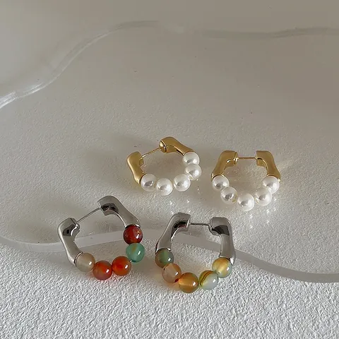 Korean Geometric Stud Earrings With 925 Sterling Silver Earring Post Gold Silver Real Gold Plated Artificial Pearl Natural Stone Earrings For Women Jewelry Gift