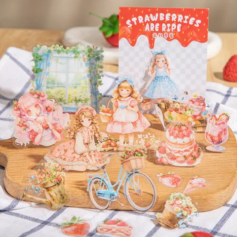Autocollants en PET Thème Fraise Décalcomanies Décoratives Étanches pour Scrapbooking Journal DIY Arts Créatifs Femmes Filles