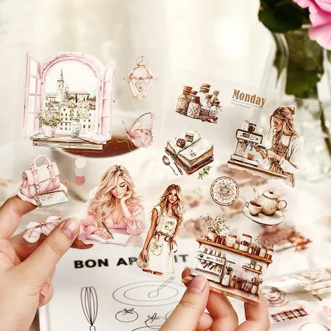 Adesivi PET Scenari Personaggi Ragazza Vintage Lifestyle Journaling Scrapbooking Fai da Te Adesivi Decorativi per Diario