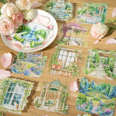 Autocollants en PET Thème Jardin Imperméable Floral Chat Fontaine Pavillon Paysage Autocollants Décoratifs pour Scrapbooking DIY
