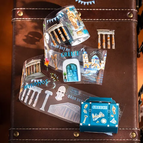 World Travel Theme PET Decorative Tape Hand Drawn City Landmarks Waterproof Sticker Roll With Suitcase Box For Journaling DIY