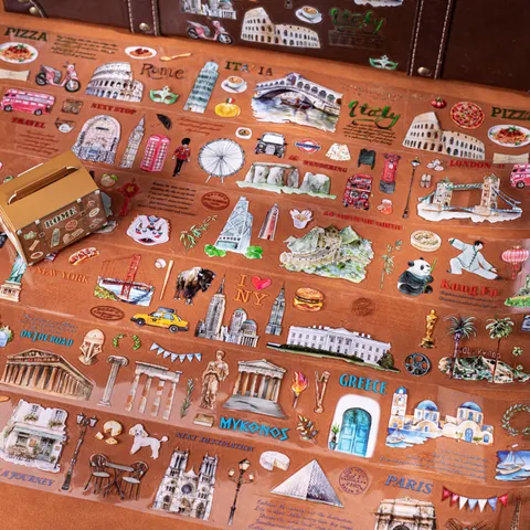 World Travel Theme PET Decorative Tape Hand Drawn City Landmarks Waterproof Sticker Roll With Suitcase Box For Journaling DIY