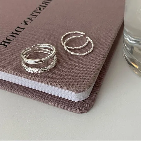 Minimalist S925 Sterling Silver Irregular Metal Rings For Women Vintage Hammered Texture Double Layer Open Adjustable Finger Jewelry