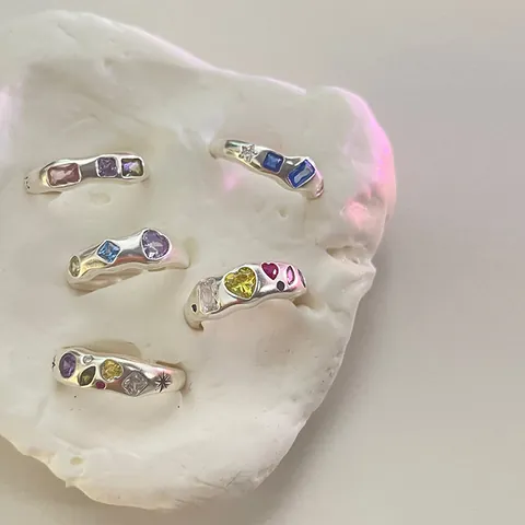 Onregelmatige Zinklegering Ring Met Gekleurde Zirkonia Vintage Hart Geometrische Verstelbare Open Vingerring Dames Sieraden
