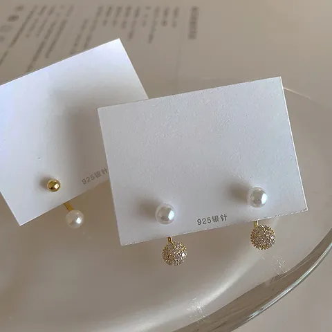 French Style 925 Sterling Silver Earring Post Freshwater Pearl Cubic Zirconia Stud Earrings Gold Plated Geometric Jewelry For Women