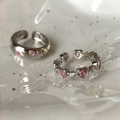 Anello Aperto a Cuore in Zircone Rosa per Donna in Argento Sterling S925 Placcato Oro Regolabile Anello Moda Gioielli Regalo