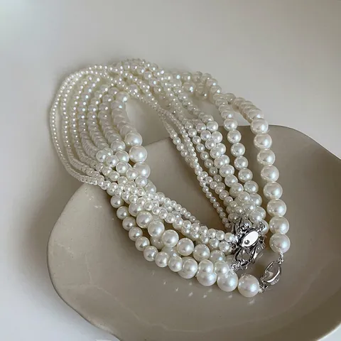 Collier en Perles de Verre Vintage Français pour Femmes Élégant Simple Fermoir Plaqué Or Argent S925 Bijoux de Fête
