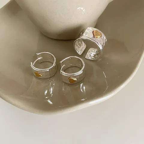Korean Vintage Irregular Hammered Heart Stud Earrings Ring 925 Sterling Silver Earring Post Gold Plated Women Jewelry