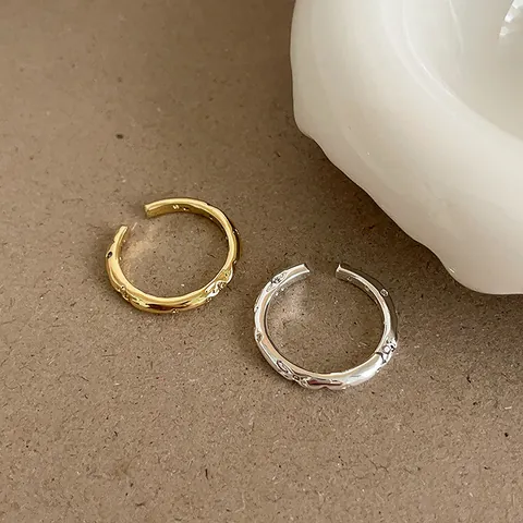 Minimalist S925 Sterling Silver Hammered Open Ring For Women Gold Plated Zirconia Adjustable Finger Fashion Jewelry Gift