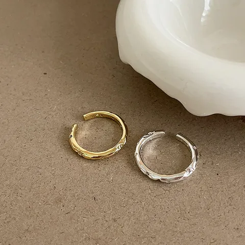 Minimalist S925 Sterling Silver Hammered Open Ring For Women Gold Plated Zirconia Adjustable Finger Fashion Jewelry Gift
