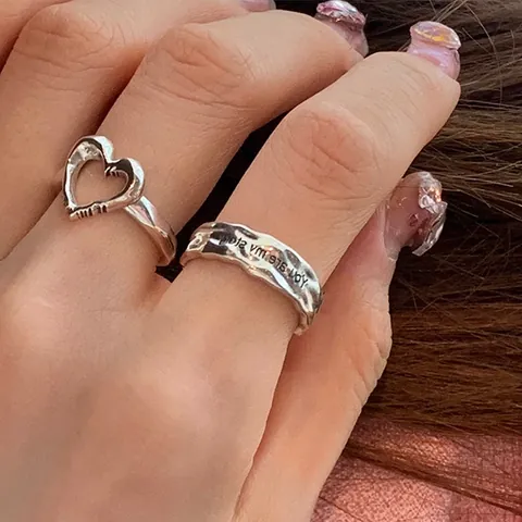 Irregular Metal Heart Letter Open Adjustable Rings S925 Sterling Silver Gold Plated For Women Retro Niche Design Finger Jewelry