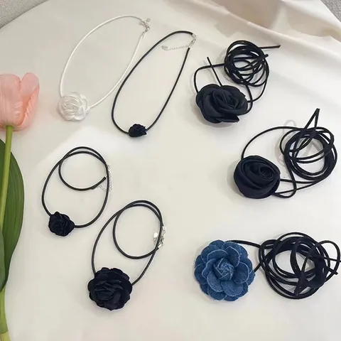Women Vintage Fabric Camellia Flower Choker Necklace Elegant Rose Lace Denim Ribbon Tie Neck Chain Fashion Jewelry Accessory
